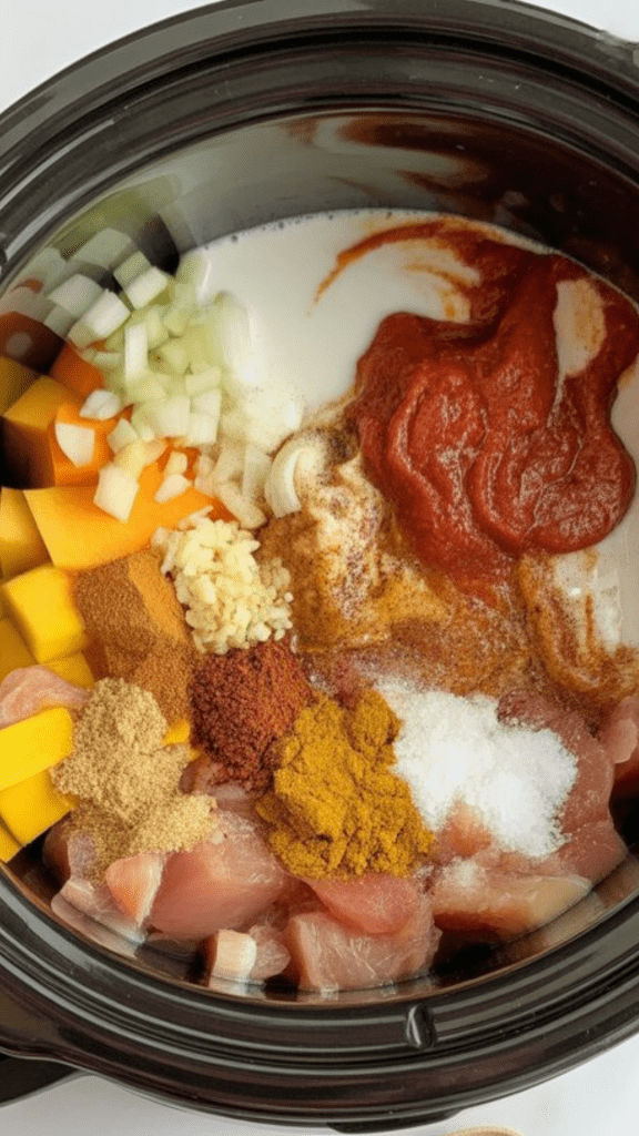 all ingredients (raw chicken chunks, diced mango, chopped onion, minced garlic, grated ginger, curry powder, cumin, turmeric, chili powder, coconut milk, chicken broth, tomato paste, brown sugar, and salt) layered in a slow cooker insert before mixing
