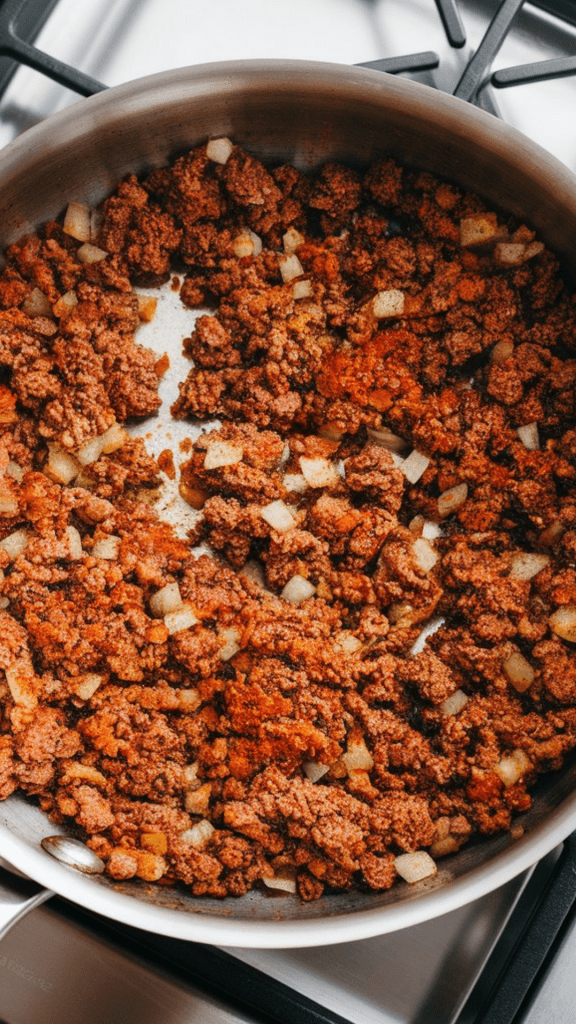 cooked ground beef and onions coated with taco seasoning, mixture looking thick and fragrant