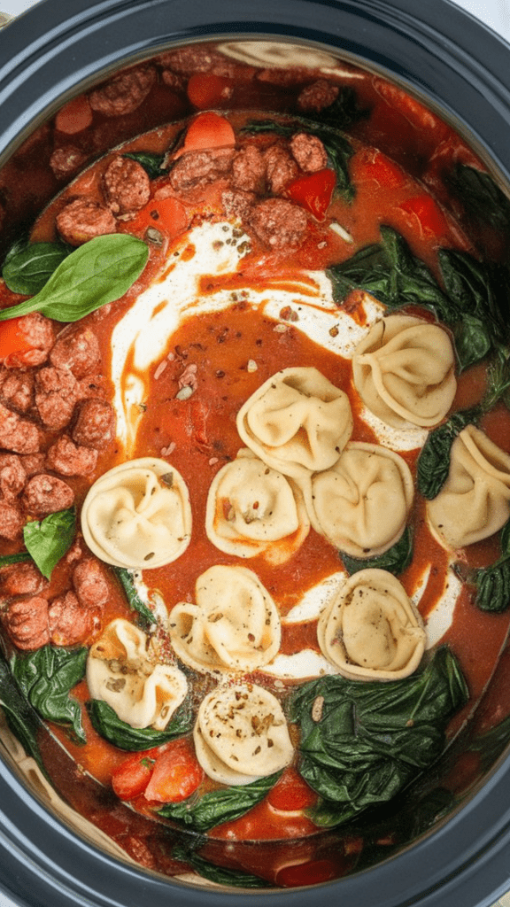 fresh spinach wilting into a simmering tomato-based soup in a crockpot, with a generous swirl of heavy cream blending through the broth to create a rich, velvety texture