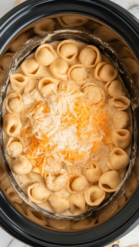 a generous layer of shredded mozzarella and grated parmesan resting on top of tortellini in the creamy sauce, cheese just starting to soften