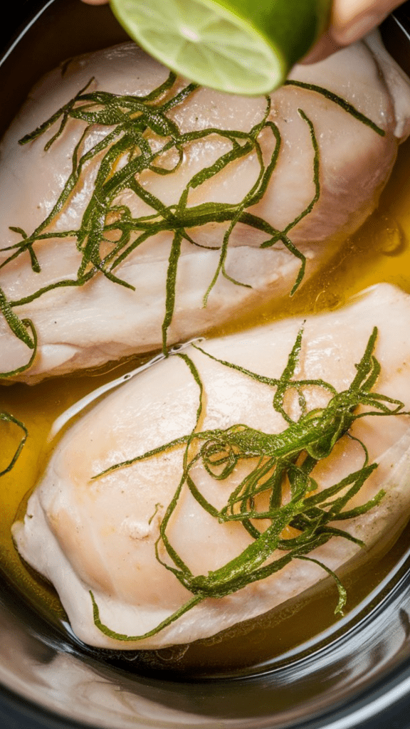 fresh lime juice being squeezed over the chicken and bright green lime zest scattered on top of the meat