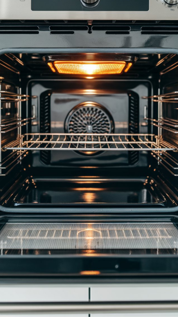 a modern stainless steel double oven display set to 425°F, oven light glowing
