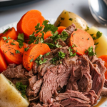 fully cooked, tender shredded beef with a rich brown color (no red or pink), served onto a white plate alongside halved baby potatoes and soft carrot chunks
