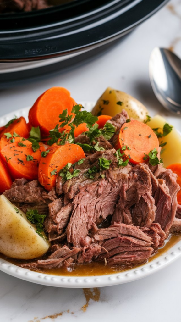 fully cooked, tender shredded beef with a rich brown color (no red or pink), served onto a white plate alongside halved baby potatoes and soft carrot chunks