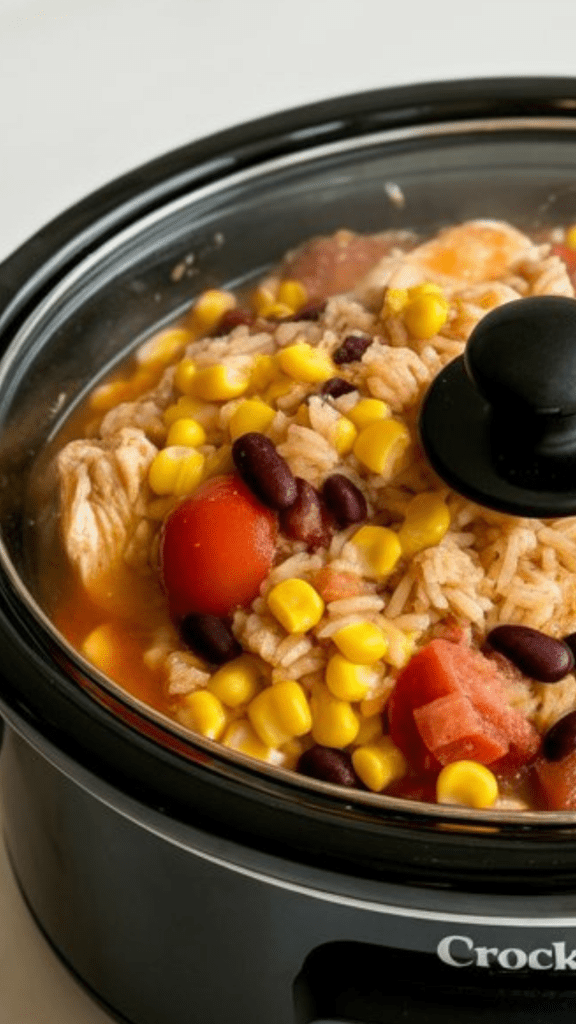 the closed slow cooker lid with light steam and a hint of bubbling visible through the glass as the ingredients cook down