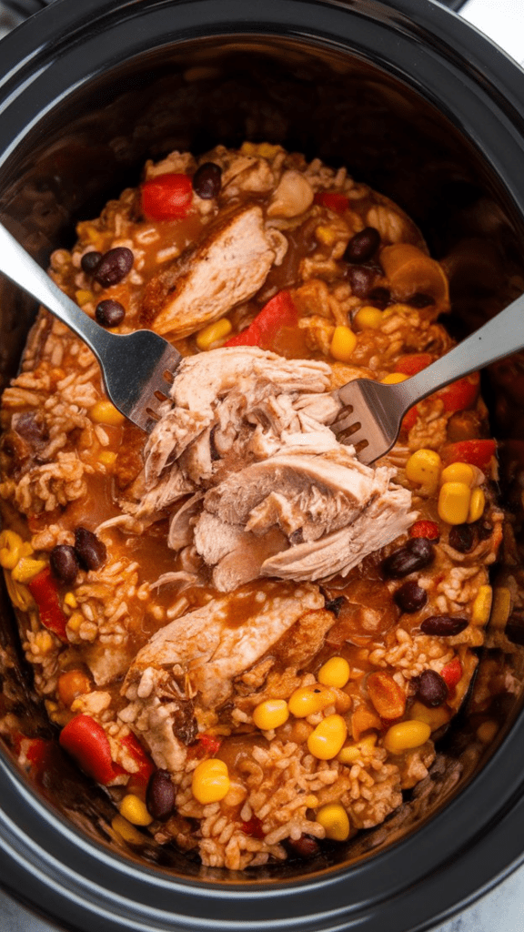 two forks shredding juicy, cooked chicken directly in the slow cooker