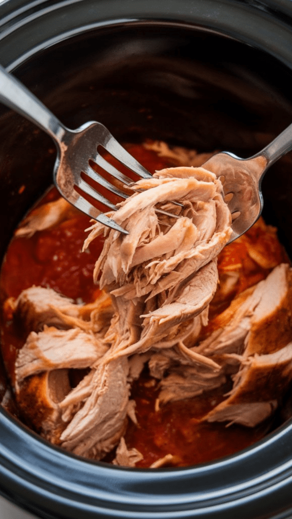tender cooked chicken being shredded with two silver forks inside crockpot, juicy strands pulling apart, salsa sauce mixing into shredded meat