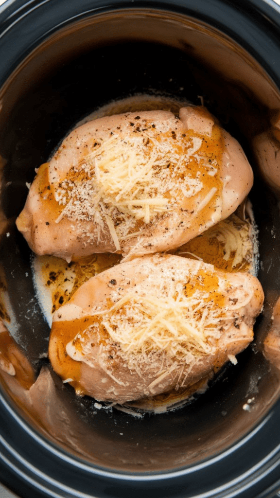 raw boneless skinless chicken breasts topped with Caesar dressing, grated Parmesan, black pepper, garlic powder, onion powder, and fresh lemon juice in a crockpot insert