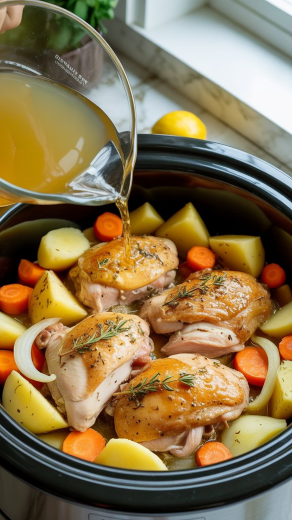 a slow cooker being filled: a layer of peeled and chopped Yukon Gold potatoes, chunky peeled carrots, sliced yellow onion, and minced garlic on the bottom