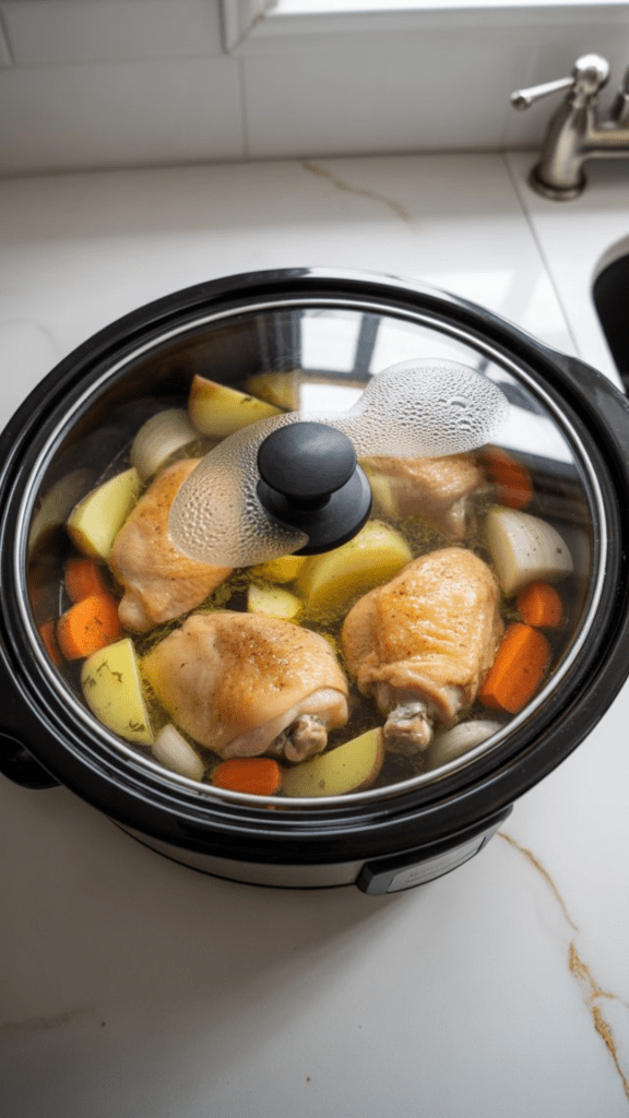 slow cooker lid closed with condensation forming, showing a peek of simmering chicken and vegetables beneath the glass.