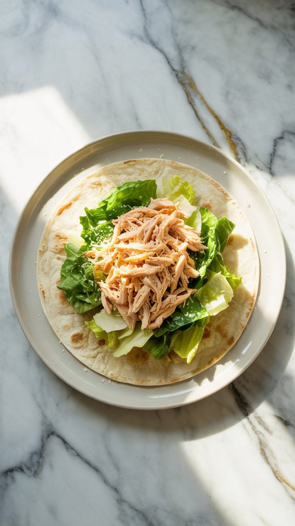 a flour tortilla filled with shredded Caesar chicken, chopped romaine, and extra grated Parmesan, ready to be rolled