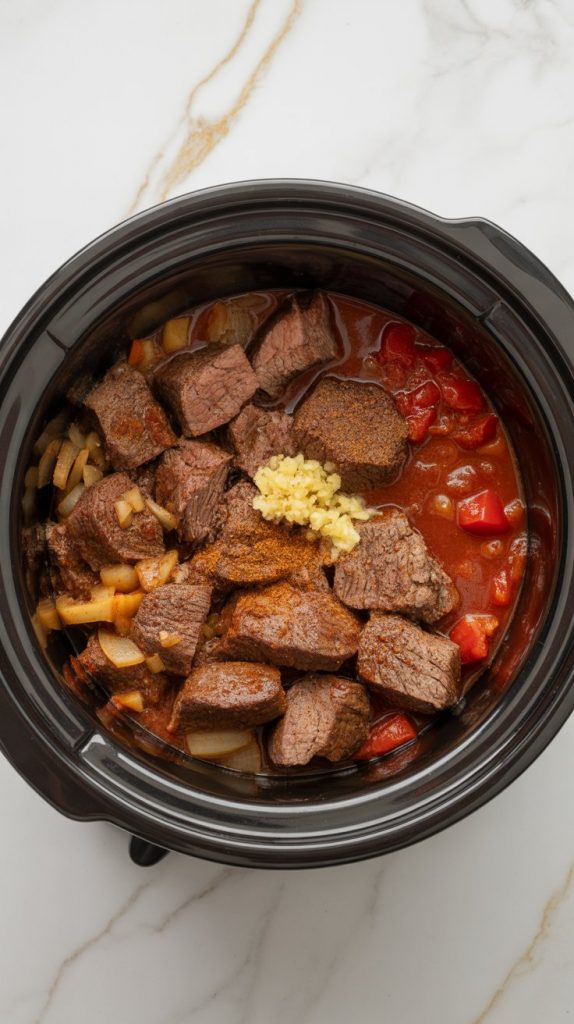 slow cooker insert filled with browned beef, sautéed onions and spices, tomato paste swirled in, chunky crushed tomatoes