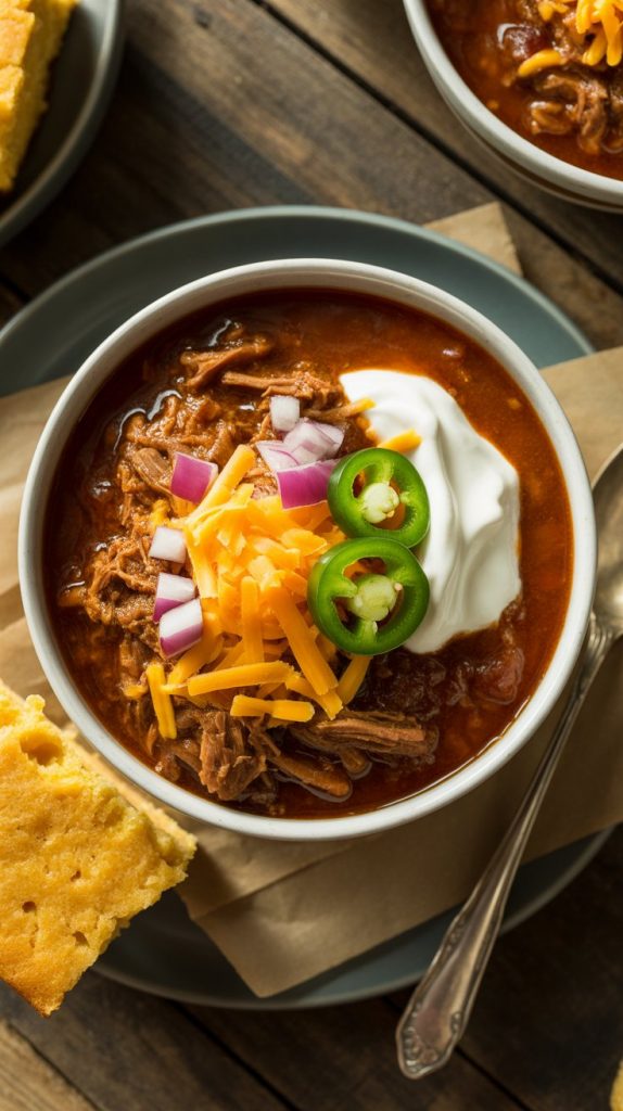 a steaming bowl of shredded beef Texas chili topped with shredded cheddar cheese, diced red onions, jalapeño slices, and a dollop of sour cream