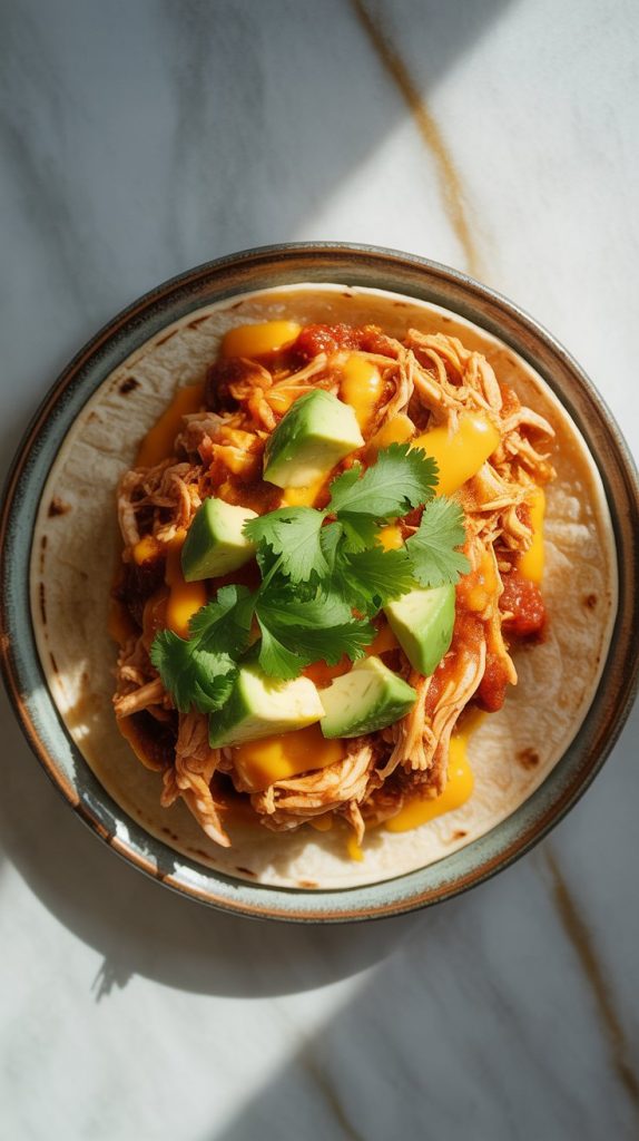 shredded crockpot salsa chicken piled inside a warm taco with melted cheese, diced avocado, and a sprinkle of chopped cilantro