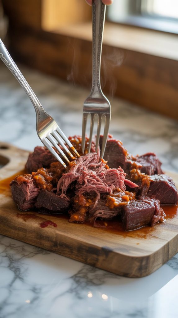 fully cooked chunks of beef from the slow cooker Texas chili placed on a clean white plate or wooden cutting board