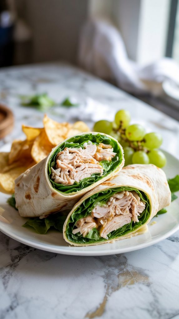 two sliced chicken Caesar wraps on a white plate, showing creamy filling and fresh lettuce, served with chips and grapes