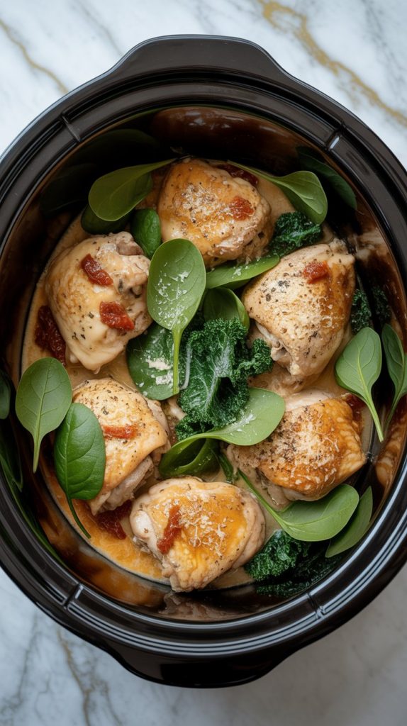 cooked chicken being stirred with heavy cream and grated Parmesan in the slow cooker, with fresh spinach just added and starting to wilt