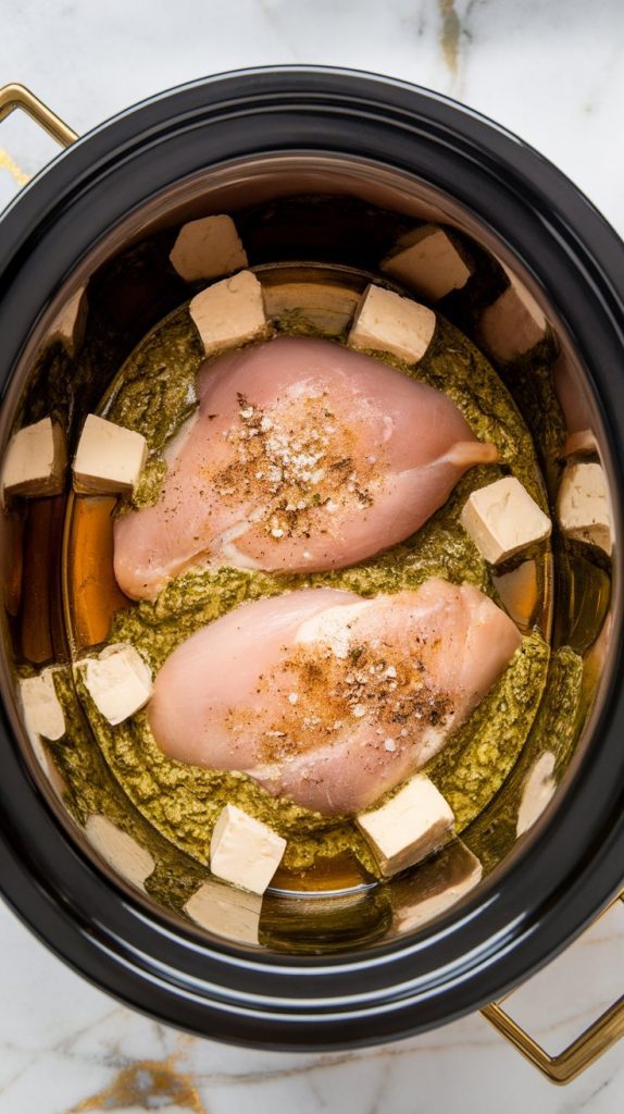 raw chicken breasts nestled in a crockpot, topped with green basil pesto, chunks of cubed cream cheese, golden chicken broth pooled at the bottom