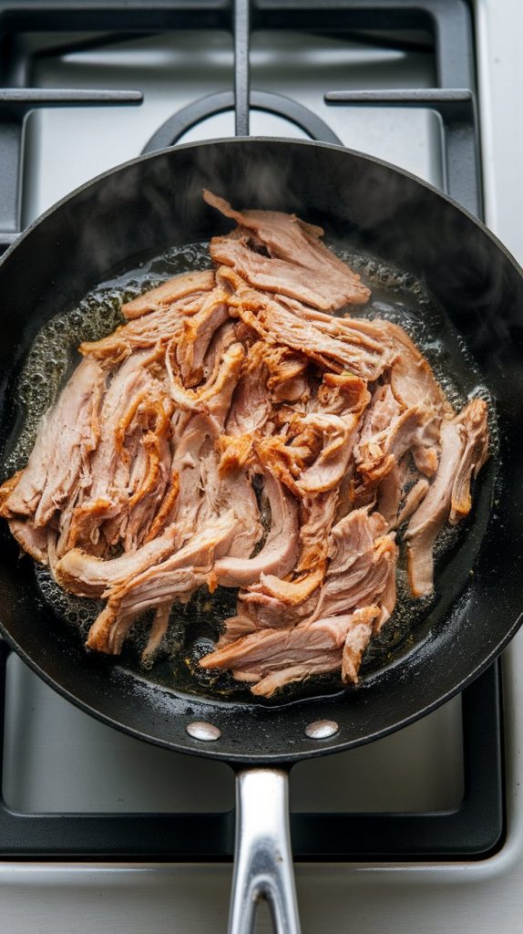 shredded pork sizzling in oil in a hot skillet, showing golden crispy edges and steam rising