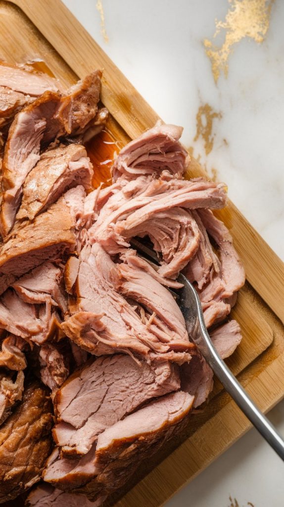 shredded pork on a wooden cutting board, tender meat steaming slightly, with juices glistening