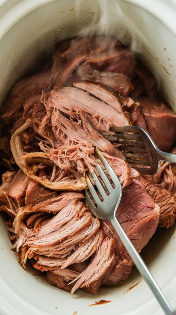 tender pork chunks freshly removed from the slow cooker, being shredded with two forks in a large white bowl