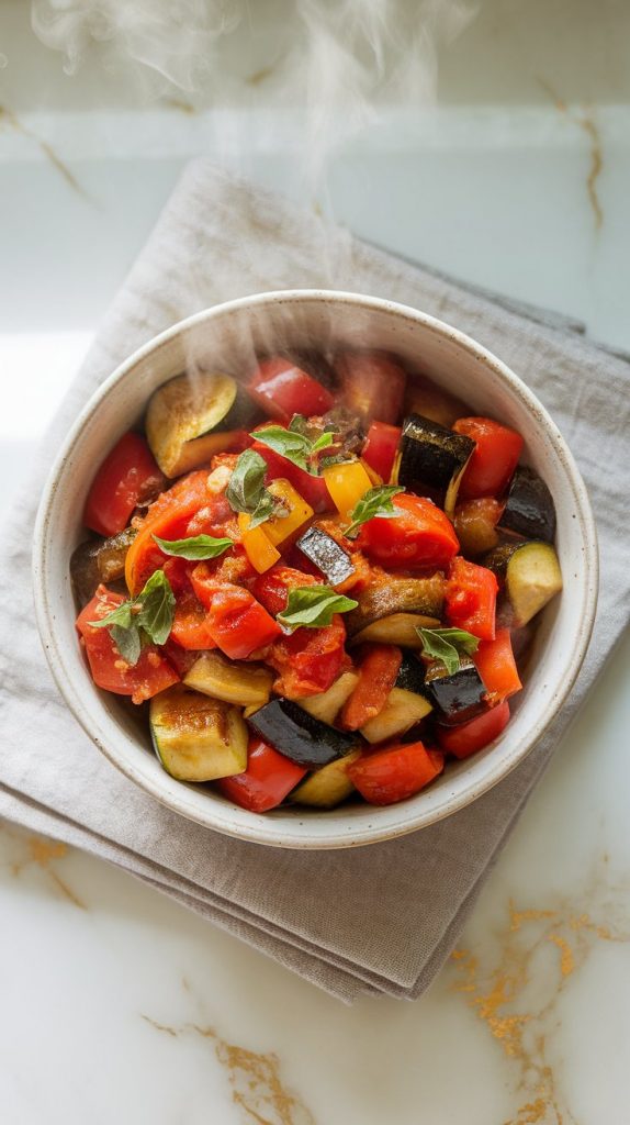 freshly stirred ratatouille being spooned into a bowl, topped with bright green chopped basil