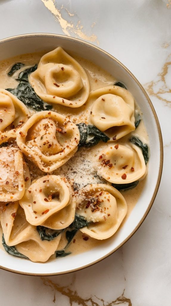 a bowl of creamy tortellini Alfredo, tortellini coated in thick sauce, bits of spinach throughout, sprinkled with extra parmesan and red pepper flakes