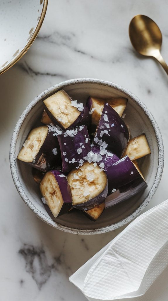 salted diced eggplant sitting in a bowl, with visible salt crystals, and paper towels nearby for blotting