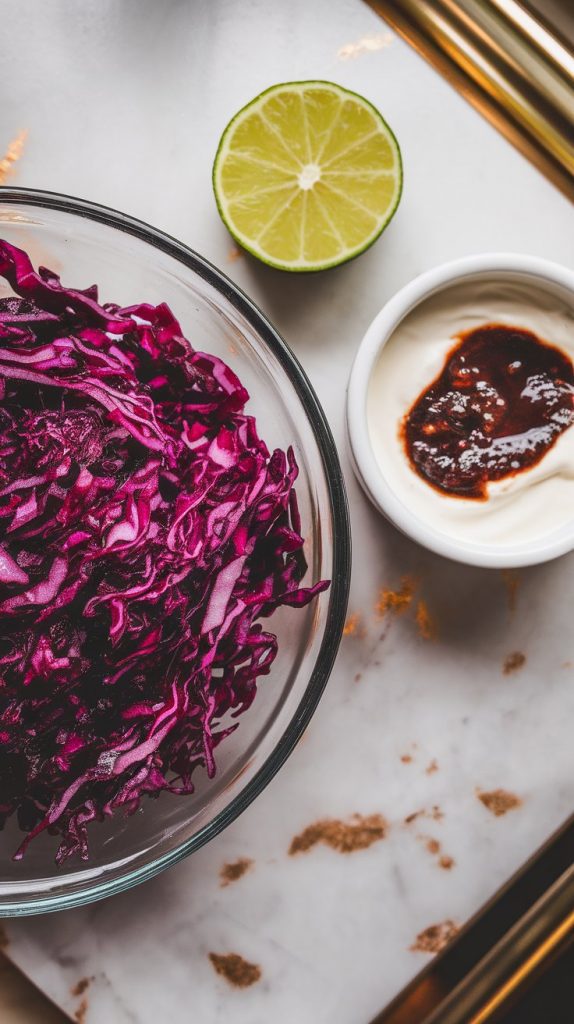 shredded purple cabbage in a bowl with fresh lime squeezed over it, and chipotle cream being stirred in a small ramekin