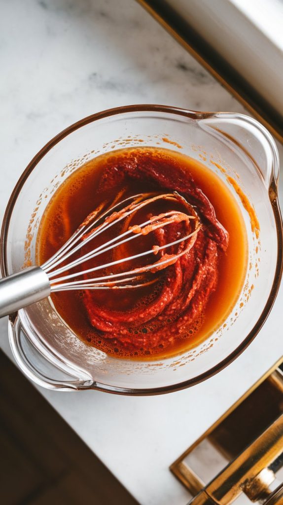 beef broth being whisked with tomato paste and Worcestershire sauce in a clear glass mixing bowl, tomato paste streaking through