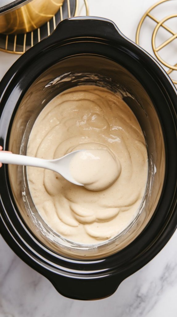 Alfredo sauce and heavy cream being poured and stirred together in a crockpot