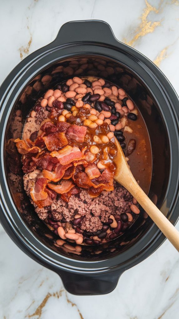 a crockpot filled with pork and beans, black and kidney beans (drained), browned beef and onions, crispy bacon, and sauces layered on top