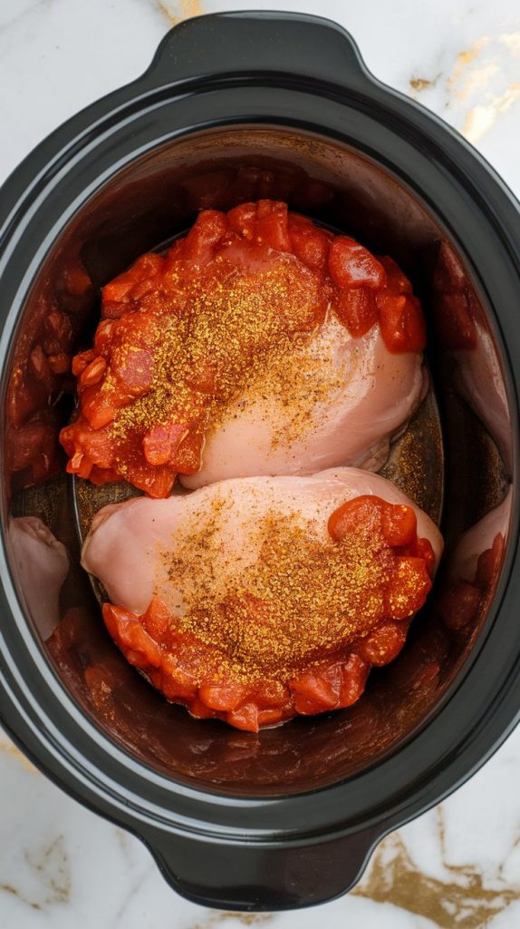 raw boneless, skinless chicken breasts inside a crockpot, chunky red salsa poured over the top