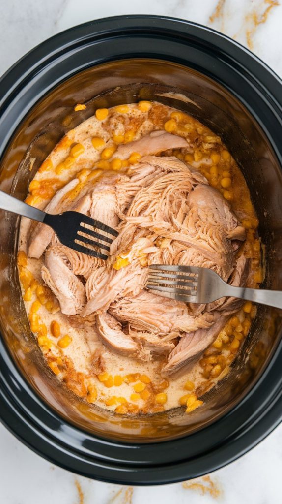 cooked chicken being shredded in the Crockpot using two forks, surrounded by a thick creamy corn and cheese mixture