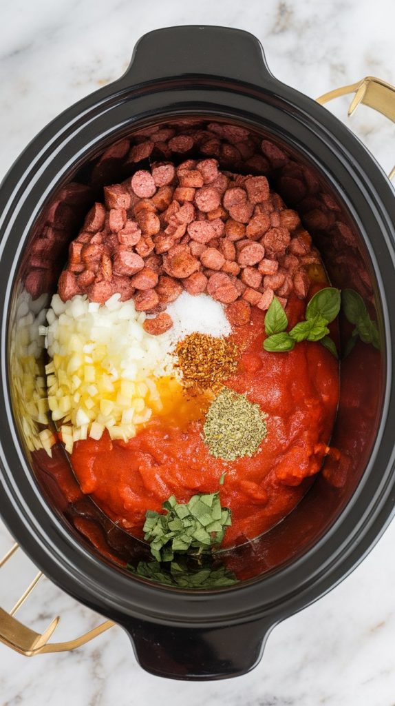 sausage, diced onion, minced garlic, chicken broth, canned diced tomatoes, tomato sauce, dried basil, oregano, and red pepper flakes layered in a crockpot