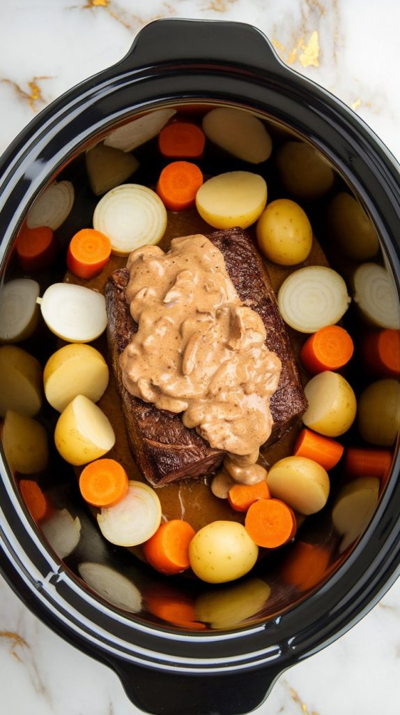 crockpot filled with chuck roast at the bottom, creamy mushroom mixture poured over, and large chunks of carrots, halved baby potatoes, and sliced onions arranged on top, everything coated in sauce