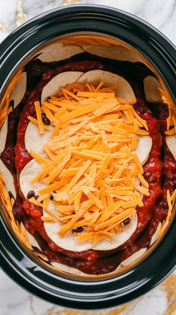 crockpot layer with torn flour tortillas on the bottom, refried beans spread in a thick layer, topped with seasoned ground beef and onions, black beans scattered evenly, and shredded cheddar cheese sprinkled on top