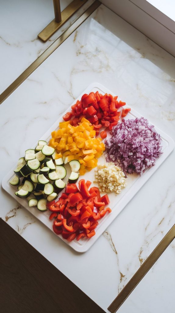 chopped zucchini, red and yellow bell peppers, red onion, and minced garlic arranged neatly in small piles on a cutting board