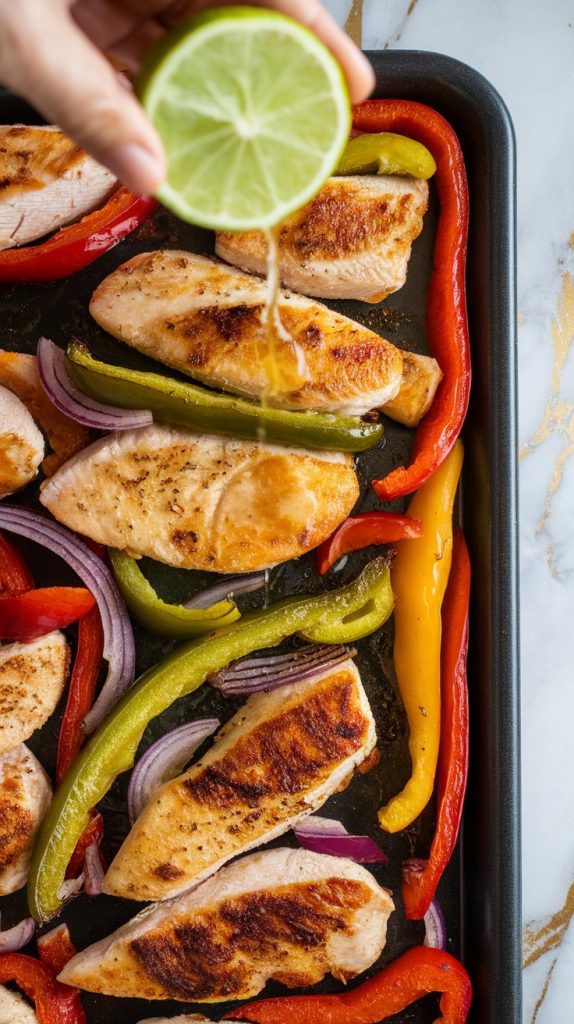 freshly roasted chicken and veggies on a sheet pan with lime juice being squeezed on top
