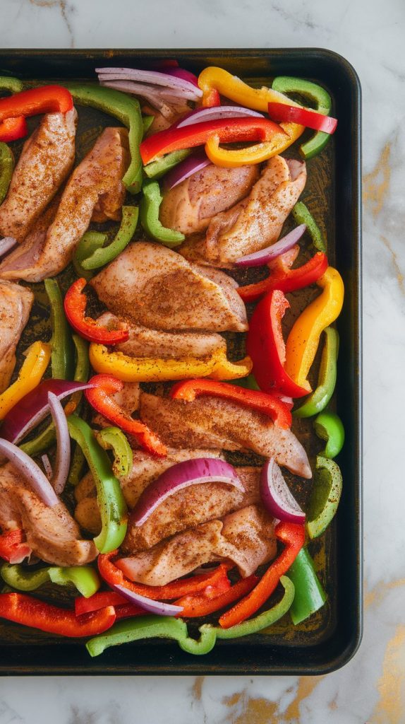 seasoned chicken strips, bell peppers, and onions spread in a single layer on a dark sheet pan