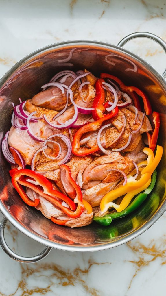 raw sliced chicken, sliced bell peppers (red, yellow, green), and sliced red onion coated in a spice and oil mix inside a large metal mixing bowl
