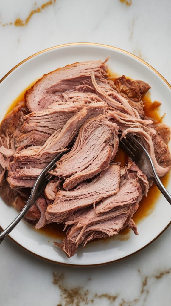 shredded pork being pulled apart with two forks on a plate, juicy and steaming