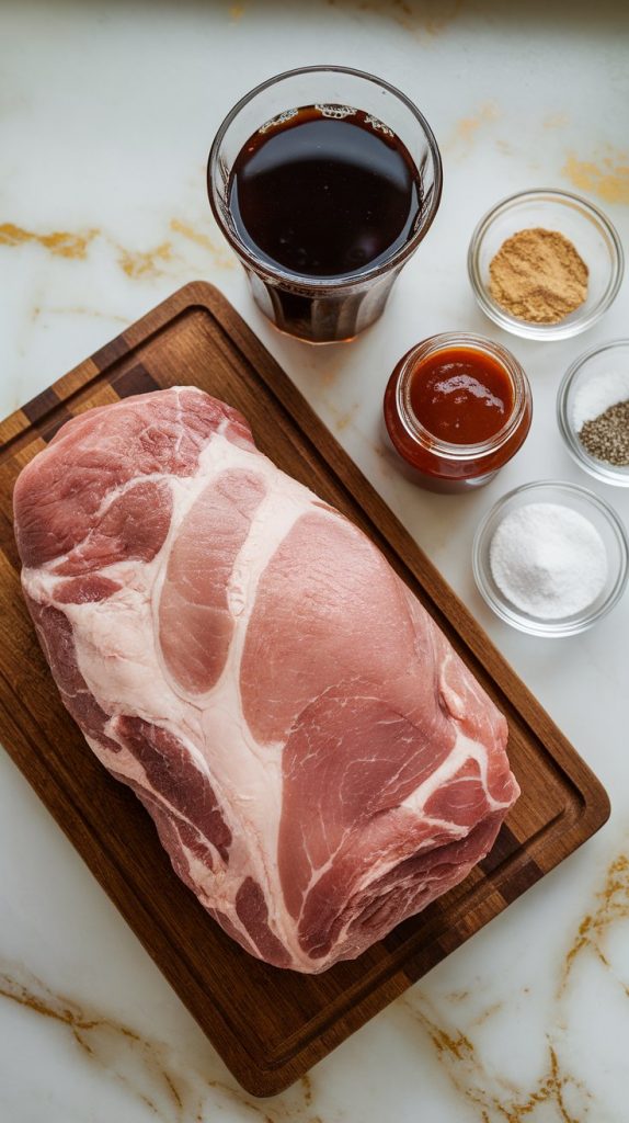 raw boneless pork shoulder (3–4 lbs) on a wooden cutting board, surrounded by a can of Coca-Cola, a bottle of BBQ sauce, small bowls with onion powder, garlic powder, salt, and pepper