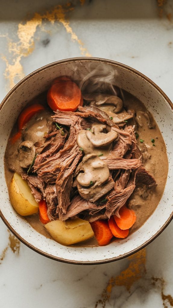 shredded beef, creamy mushroom sauce, carrots, and potatoes served in a white rustic bowl, sauce glistening and thick, steam rising