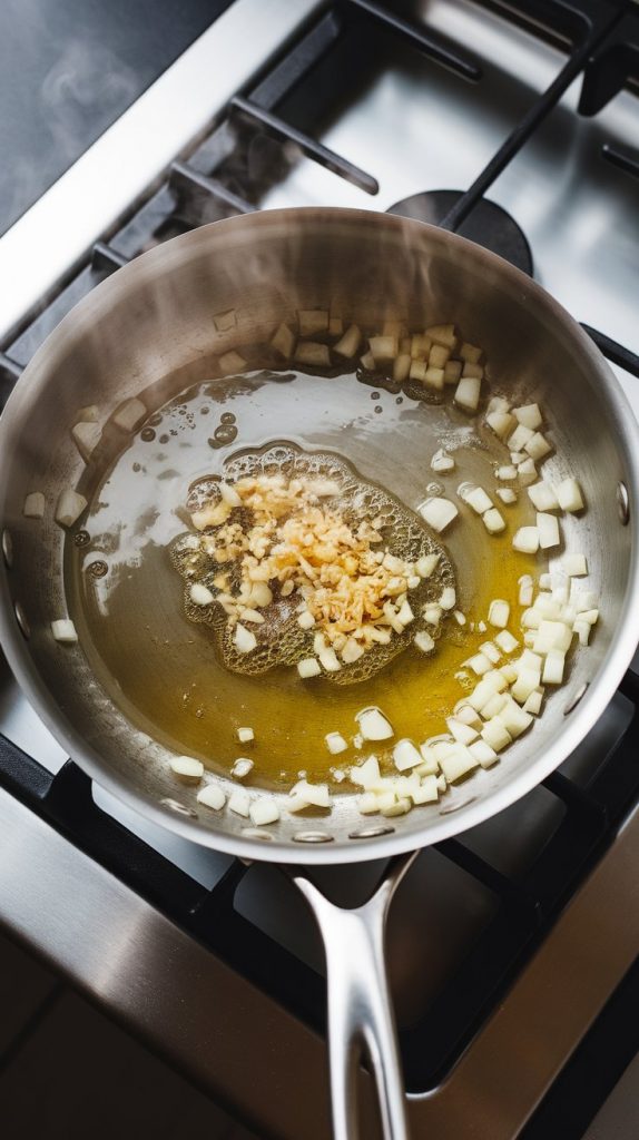 diced onions and minced garlic sizzling in olive oil, turning golden and soft