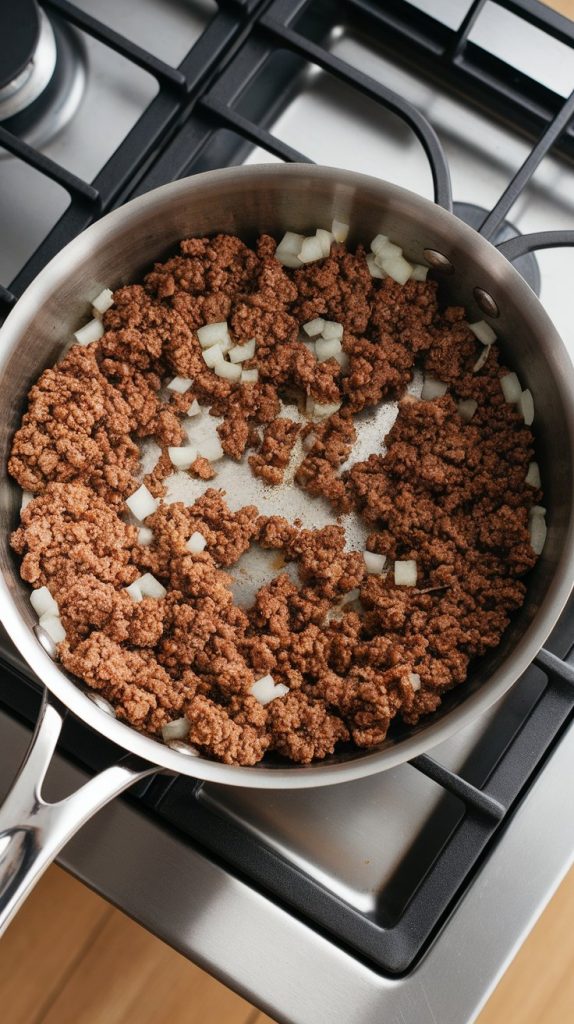 browned ground beef and diced onions sizzling in a skillet, beef crumbled and cooked through, onions softened and golden