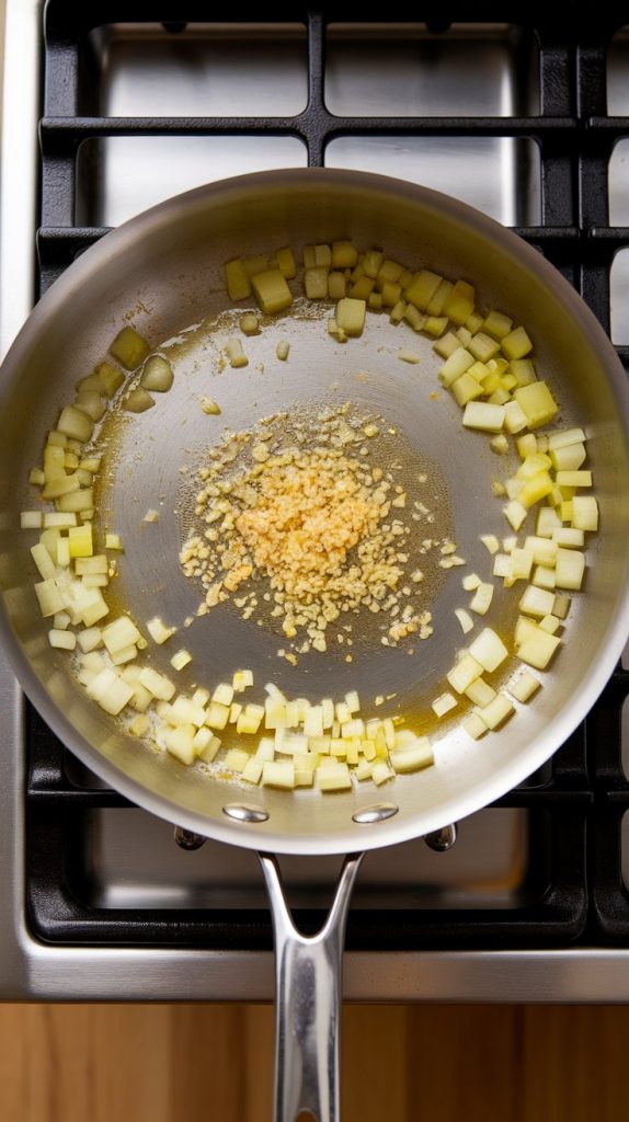 diced yellow onions just turning golden and minced garlic beginning to sizzle in a lightly oiled skillet