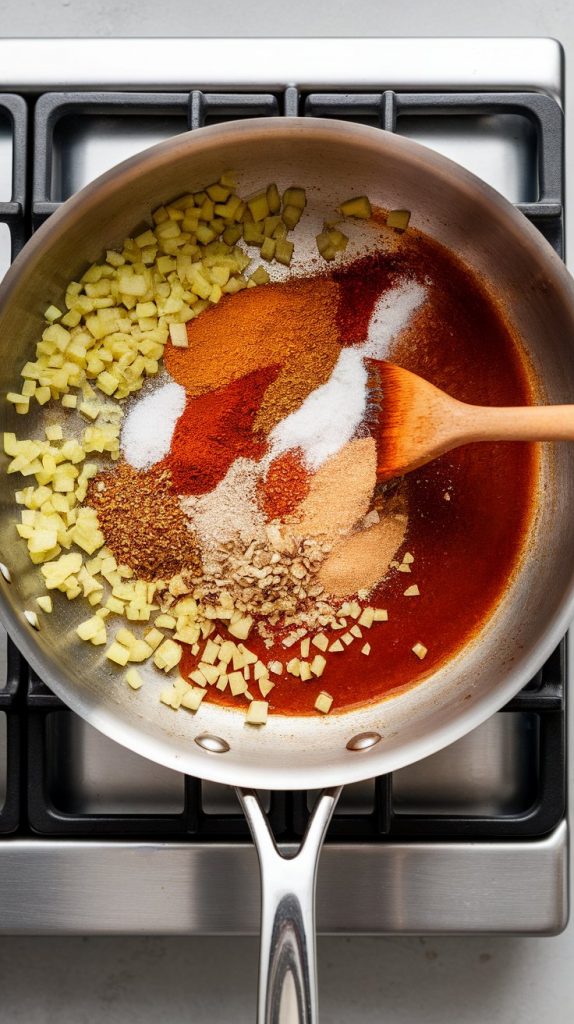spices (chili powder, cumin, paprika, oregano, salt, pepper, cayenne) being stirred into sautéed onion and garlic