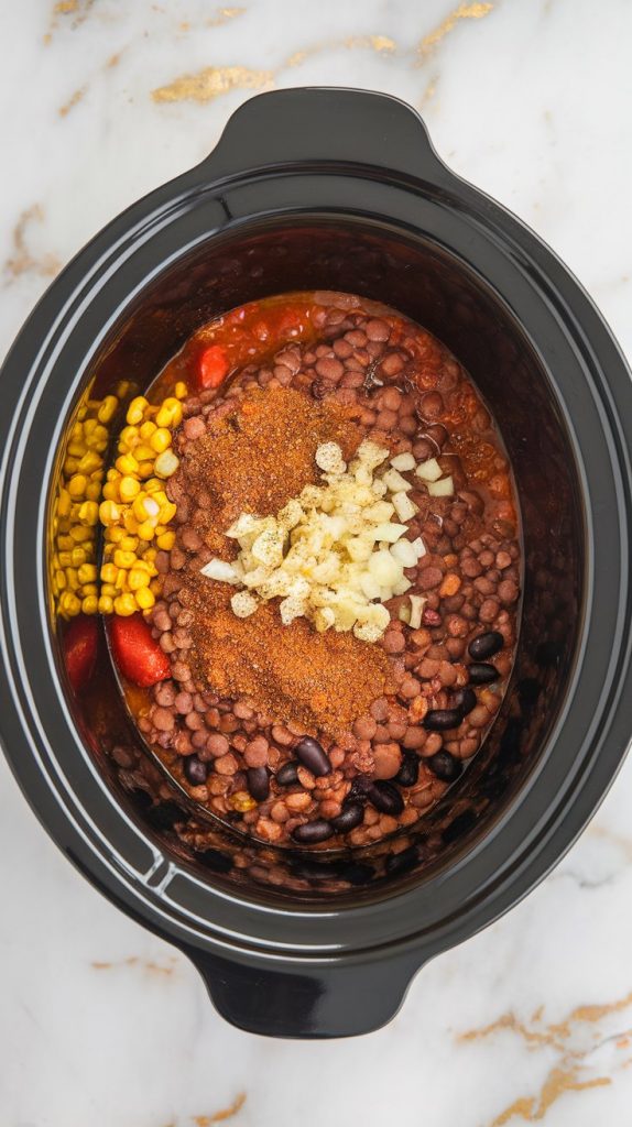 slow cooker filled with rinsed brown lentils, drained black beans, golden cooked onions and garlic, bright yellow corn