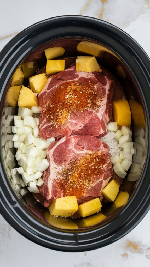 slow cooker filled with raw pork shoulder chunks coated in chili powder, cumin, smoked paprika, salt, and pepper, surrounded by chopped onion, minced garlic, pineapple chunks, orange and lime juice, and chicken broth, all ingredients layered and visible